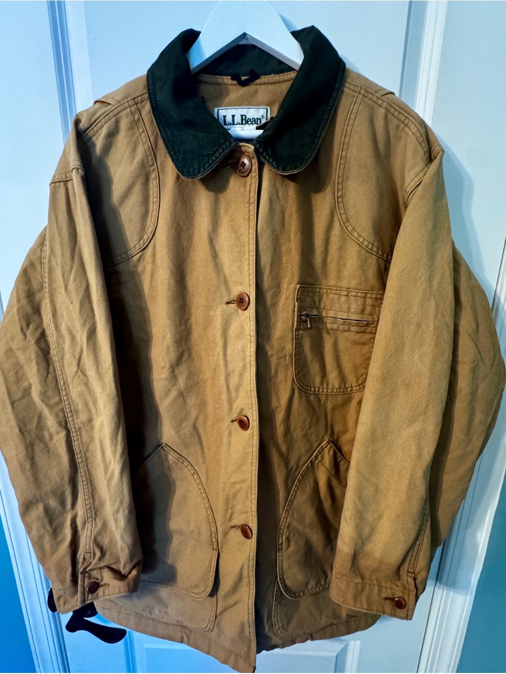 L.L. Bean Women's Tan Canvas Utility Jacket with Dark Green Collar